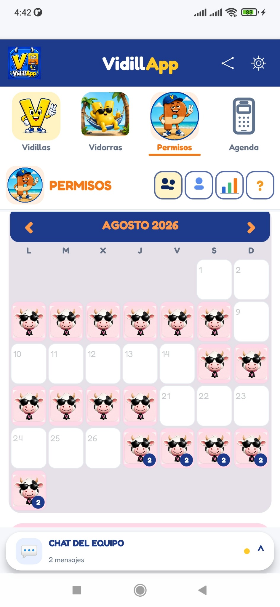 Calendario real de permisos, vacaciones, moscosos y compensaciones en VidillApp