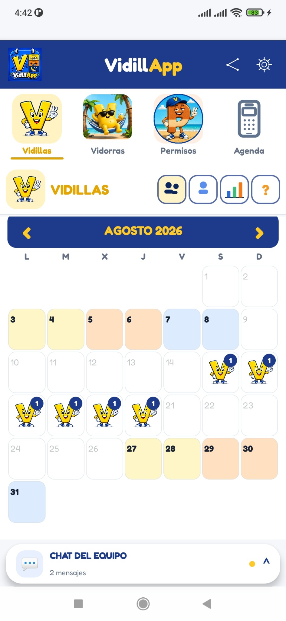 Pantalla de Vidillas en el calendario