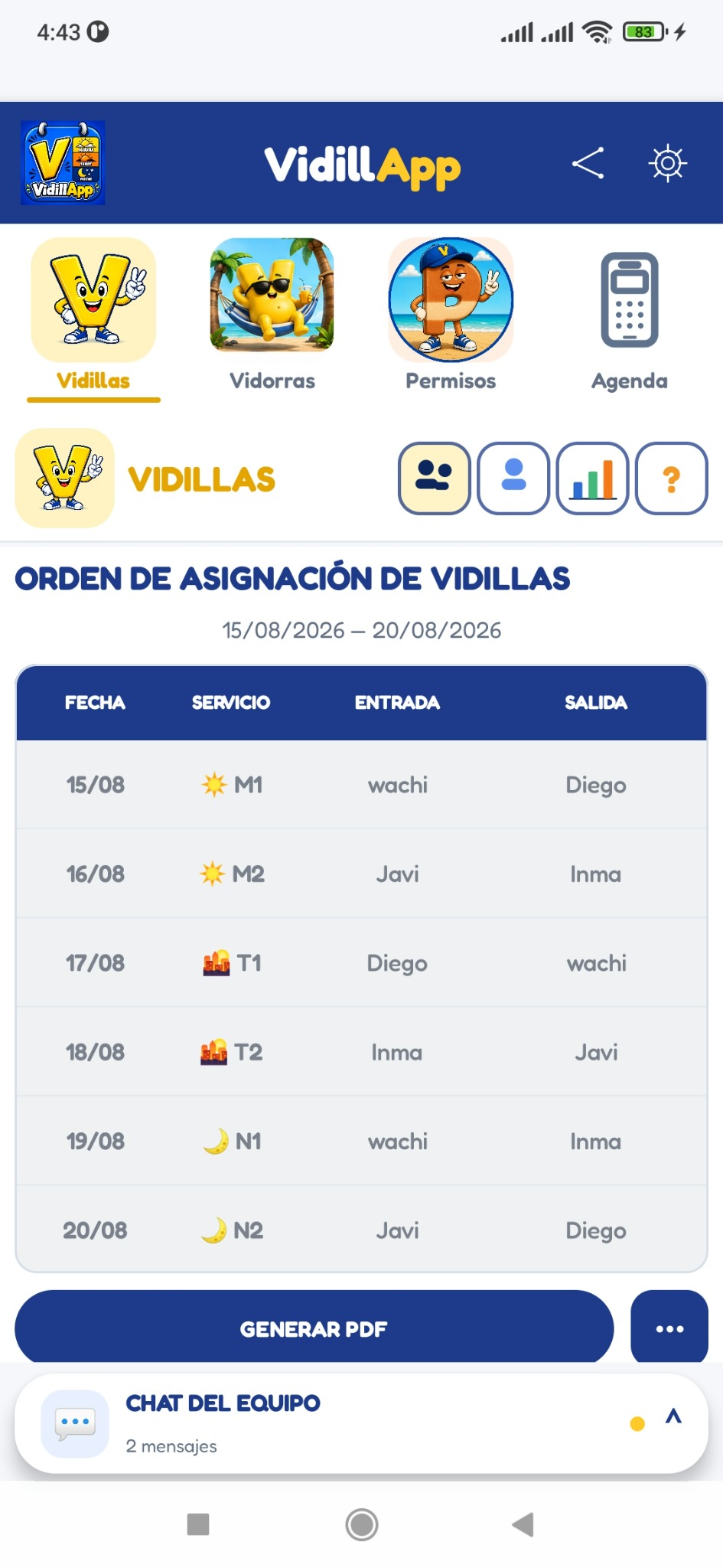 Pantalla de orden de asignación de Vidillas